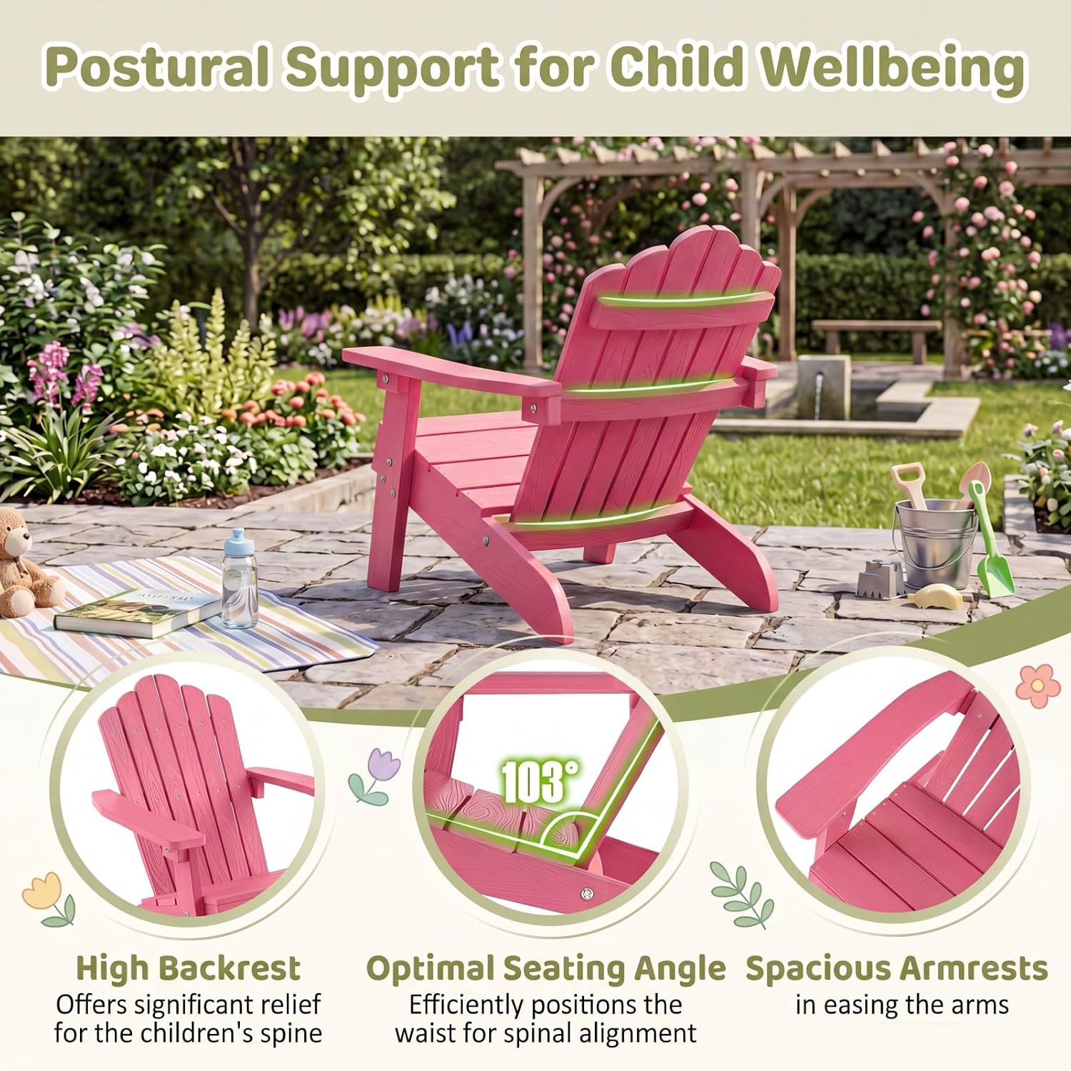 Giantex Kids Adirondack Chair, All-Weather HIPS Children's Outdoor Chair with Tilted High Backrest, Toddler Beach Chair for Garden Patio Backyard, Kids Lawn Chairs for Age 3-7 (1,Pink)