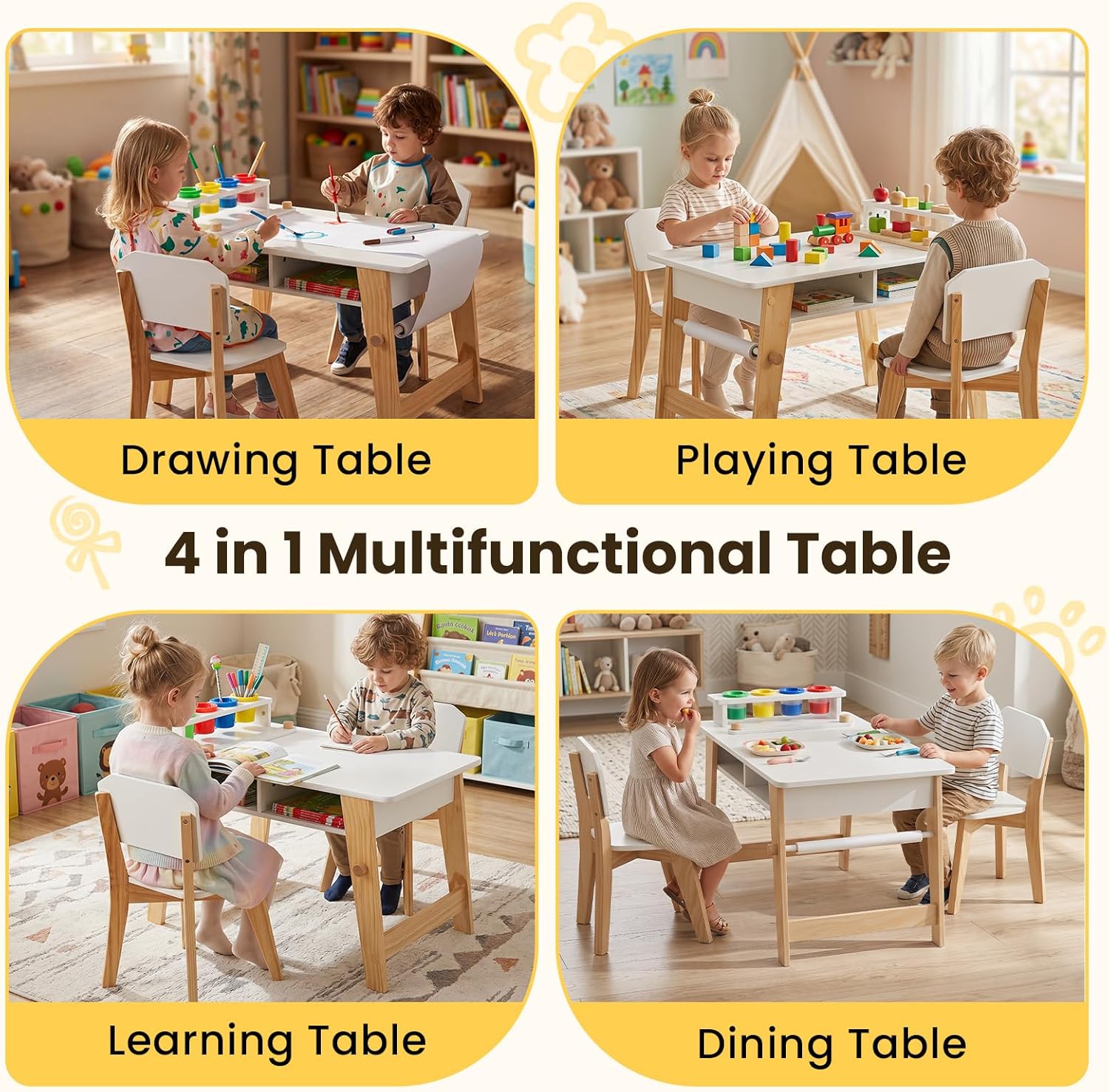 Olakids Kids Art Table and Chair Set, Wooden Multi Activity Desk with Roll Paper 2 Storage Shelves 4 Paint Cups, Toddler Furniture for Crafts Arts Playing Drawing