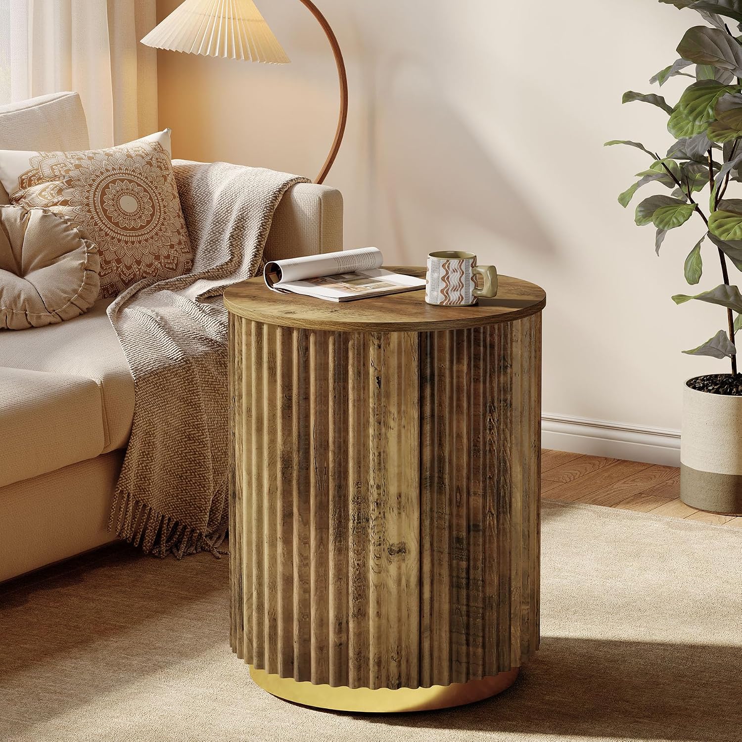 Tribesigns Fluted Round Side Table, Small Bedside Table for Sofa, Wooden Nightstand for Small Spaces, Living Room, Bedroom (1, Rustic Brown)