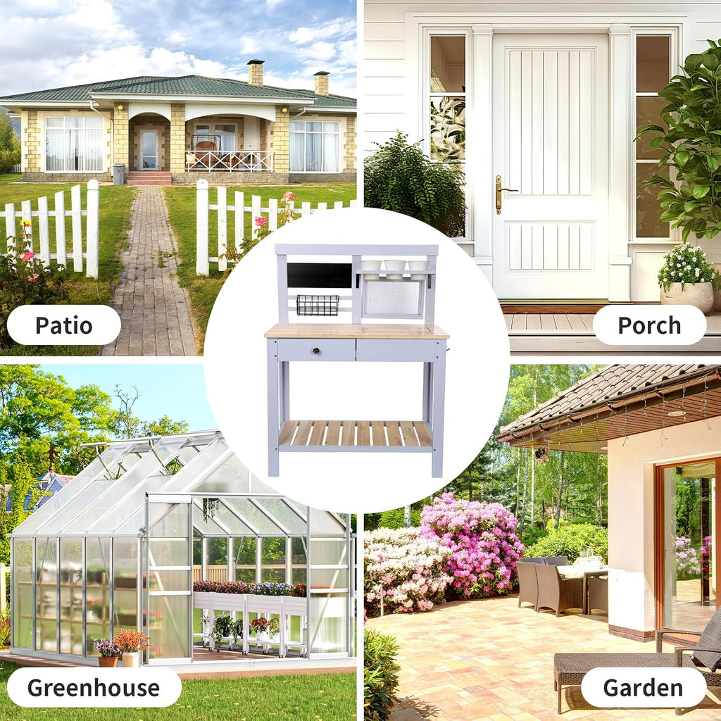 Potting Bench Outdoor Potting Table—Outdoor Kitchen for Kids, Solid Wood Garden Work Station with Sink、Drawer、Hooks、3Flower Pots, Weather Proof