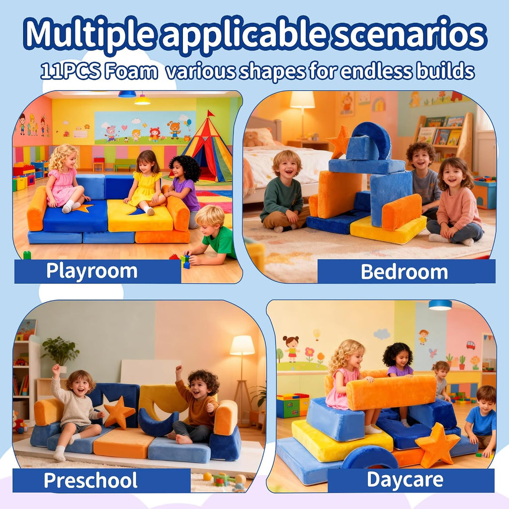 11Pcs Modular Kids Play Couch, Indoor Child Sectional Sofa for Toddlers over 1 year old, Kids Couch for Playroom Living Room, Convertible Foam Climbing Blocks Sofa for Boys and Girls, Stars and Moon