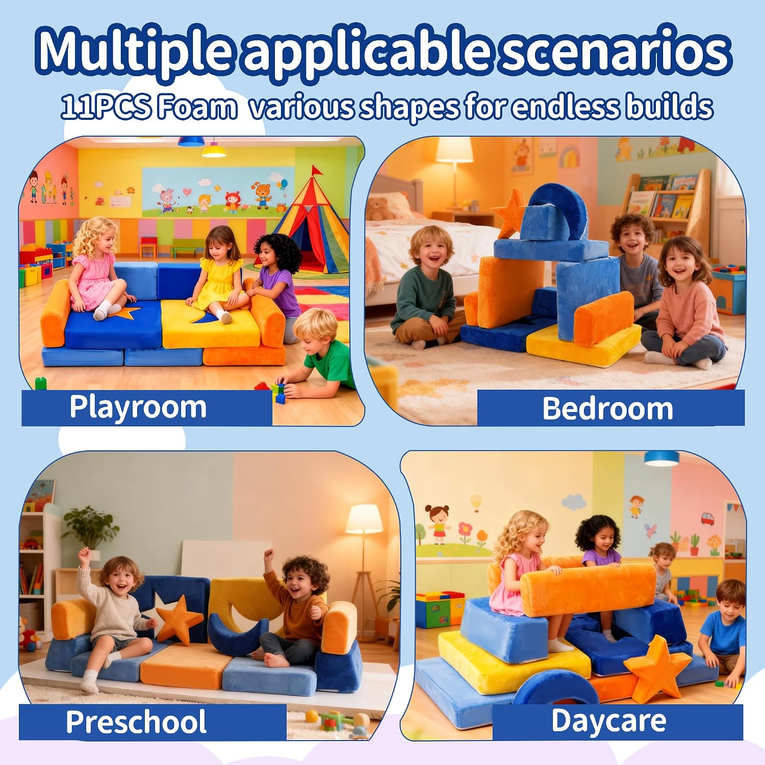 11Pcs Modular Kids Play Couch, Indoor Child Sectional Sofa for Toddlers over 1 year old, Kids Couch for Playroom Living Room, Convertible Foam Climbing Blocks Sofa for Boys and Girls, Stars and Moon