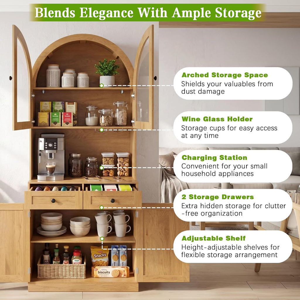 Merax 75'' Farmhouse Arched Kitchen Pantry with Charging Station | Kitchen Hutch with Adjustable Shelves, Open Countertop & Glass Holders, Versatile Cupboard for Dining Room Living Room