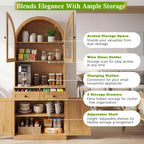 Merax 75'' Farmhouse Arched Kitchen Pantry with Charging Station | Kitchen Hutch with Adjustable Shelves, Open Countertop & Glass Holders, Versatile Cupboard for Dining Room Living Room