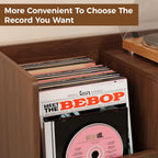 IRONCK Mid-Century Modern Record Player Stand, Record Player Cabinet with Door & Display Shelf, Vinyl Record Storage Cabinet for Living Room & Entertainment Room, Walnut