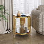 17.72" Round Sofa Side Table, 2-Tier Black Tempered Glass End Table with Gold Stainless Steel Frame for Living Room, Office & Café