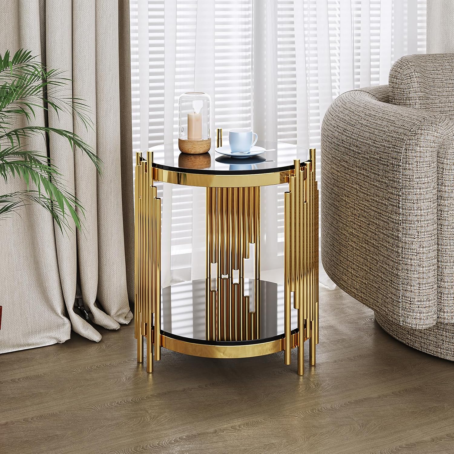 17.72" Round Sofa Side Table, 2-Tier Black Tempered Glass End Table with Gold Stainless Steel Frame for Living Room, Office & Café