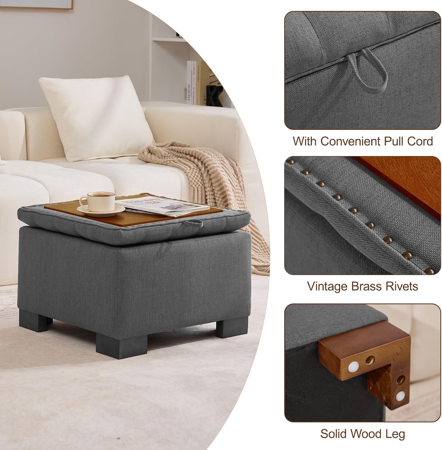 WUTUTUEE 24" Fabric Square Storage Ottoman with Wooden Tray, Modern Tufted Button Footstool Coffee Table, Upholstered Small Ottoman for Living Room, Bedroom, Dark Gray