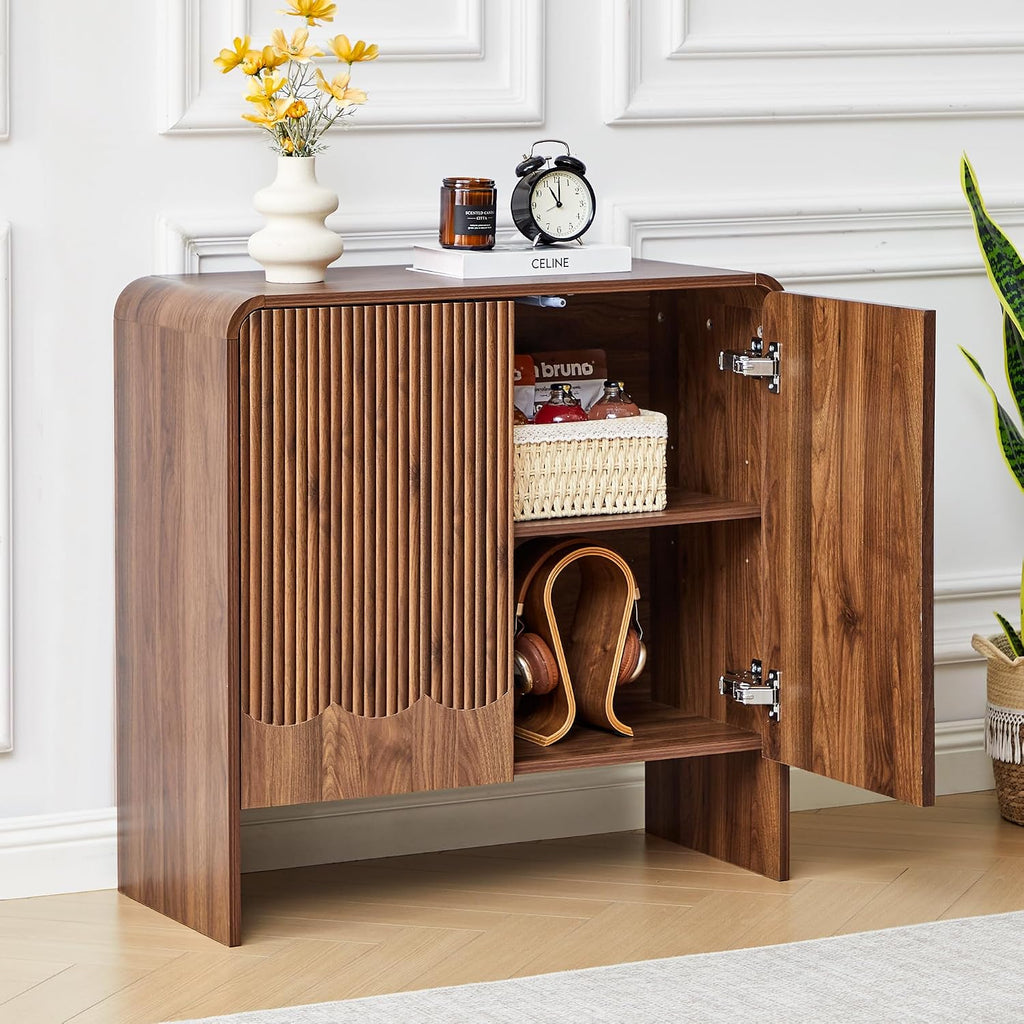 FurSch Fluted Sideboard Buffet Cabinet with Storage Set of 2, Mid Century Modern Storage Cabinet with Curved Edge and Adjustable Shelves for Kitchen Dining Room Living Room (Walnut, 2 pcs)