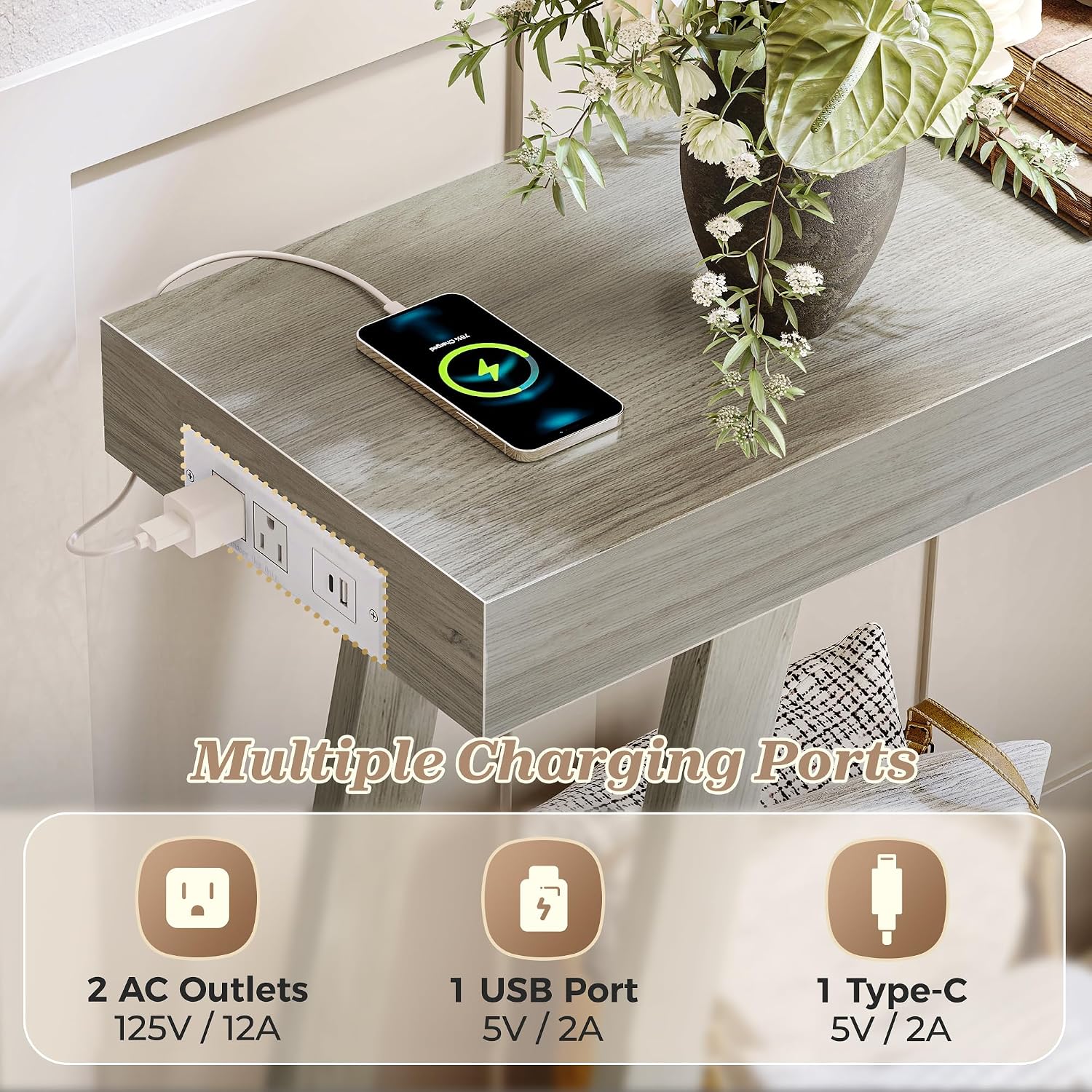 Huuger Console Table with Charging Station, USB-C Port, 2 Tiers Entryway Table, 53.9 Inch Sofa Table with Metal Legs, Entry Hallway Table with Thicker Desktop, Modern Behind Couch Table, Grey