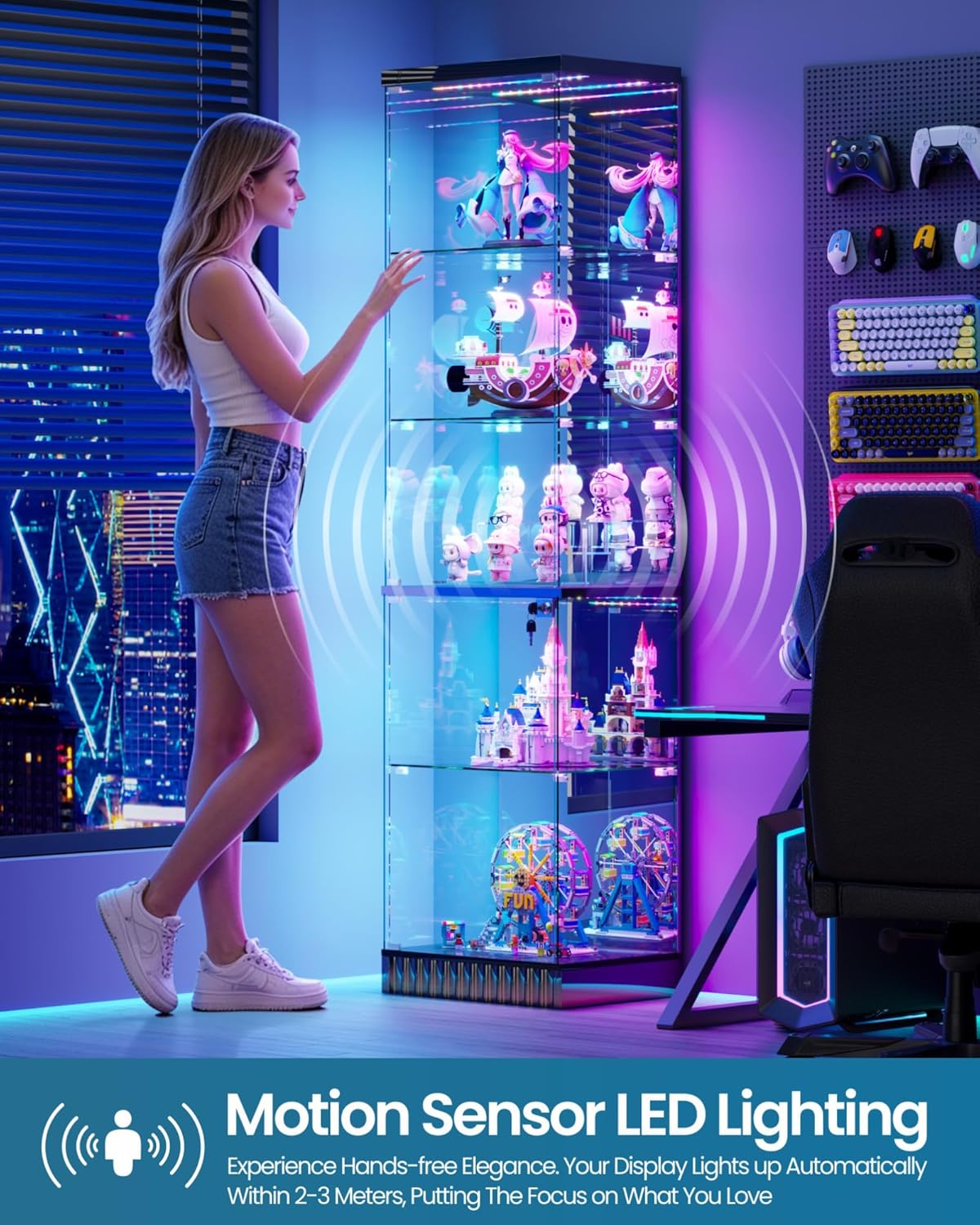 Lvifur 67''H Corner Curio Cabinet - with Glass Door, Lockable Glass Display Cabinet with RGB Motion Sensor Light, 5-Tier Figure Display Case with Removable Glass Shelf for Collectibles,Black