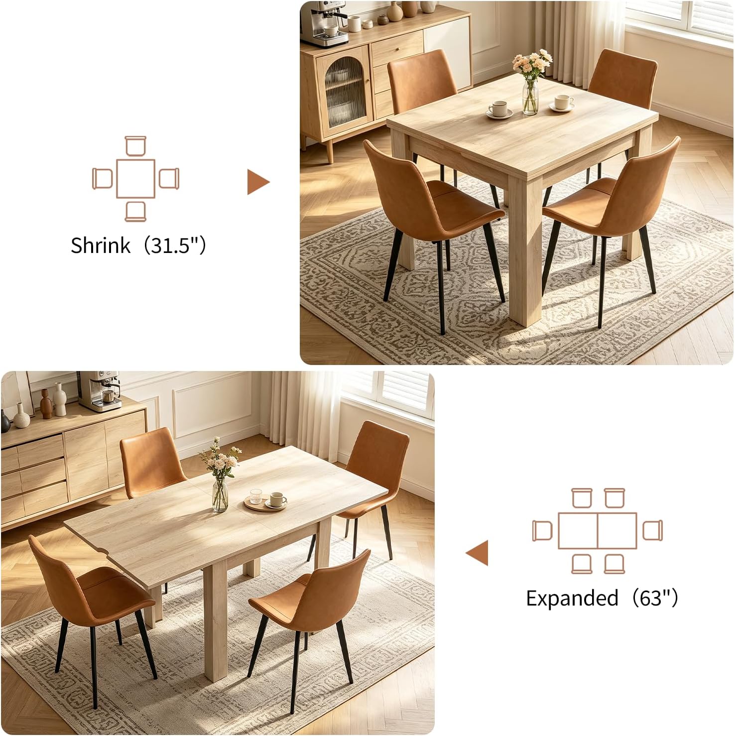 31.5"-63" Folding Dining Table Set for 4, Drop Leaf Extendable Table and Chairs, Square Dining Table with 4 PU Chairs for Living Room, Kitchen, Dining Room, Space Saving(Natural Table+4 Brown Chairs)