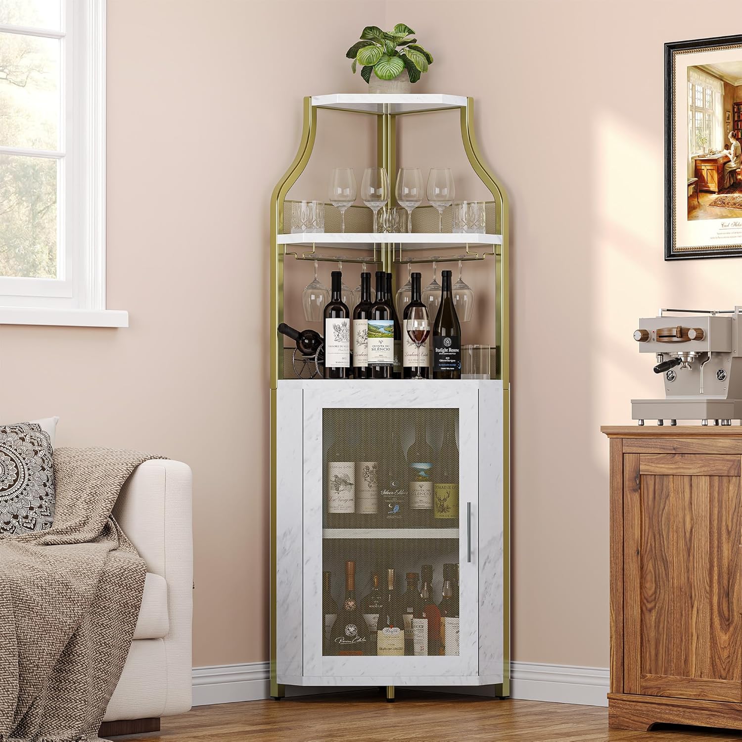 GarveeHome Corner Wine Cabinet with Detachable Wine Rack, 5-Tier Industrial Corner Bar Cabinet with Barn Door and Glass Holder, Farmhouse Buffet Cabinet and Home Bar, Gold