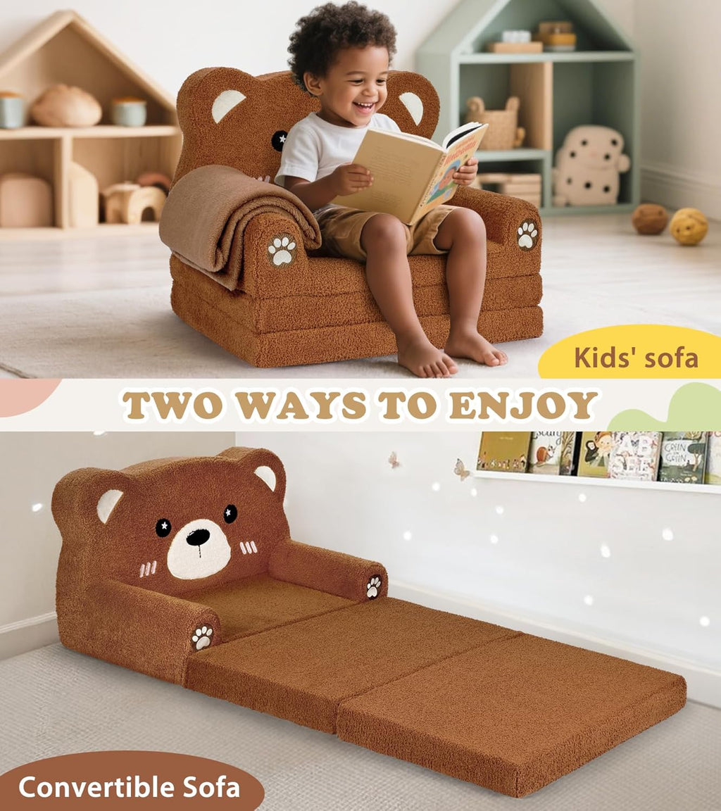 Foryoomi Kids Couch, 2-in-1 Soft Toddler Couch Fold Out with Blanket, Chair Comfy, Foldable Convertible Plush Sofa, Gifts for Kids Girl Boys, Bear