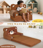 Foryoomi Kids Couch, 2-in-1 Soft Toddler Couch Fold Out with Blanket, Chair Comfy, Foldable Convertible Plush Sofa, Gifts for Kids Girl Boys, Bear