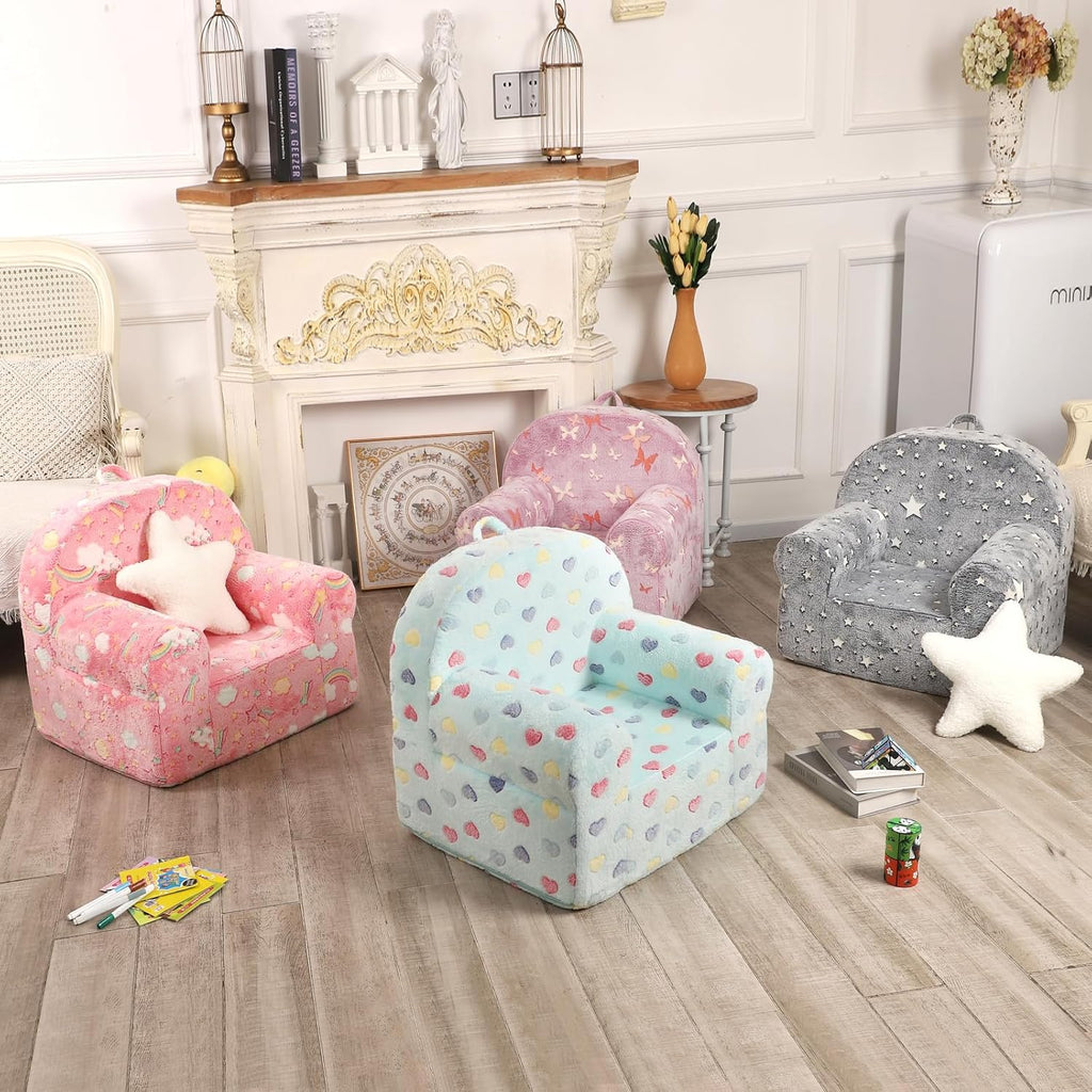 MOMCAYWEX Colorful Heart Kids Sofa with Star Throw Pillow, High Back Toddler Chair Glow in The Dark for Boys and Girls, Lake Blue