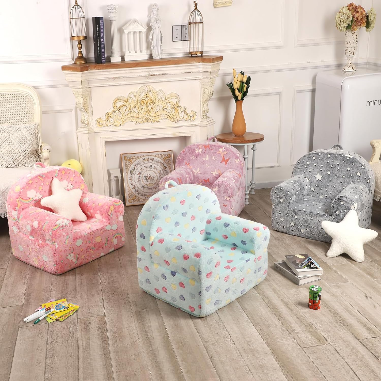 MOMCAYWEX Colorful Heart Kids Sofa with Star Throw Pillow, High Back Toddler Chair Glow in The Dark for Boys and Girls, Lake Blue