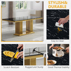 Black Marble Dining Table Set for 6,68 inch Black Marble Table with Golden Double Column Stainless Steel Base, Faux Marble Kitchen Table and Velvet Chairs Set of 6, Dining Room Table Set for 6