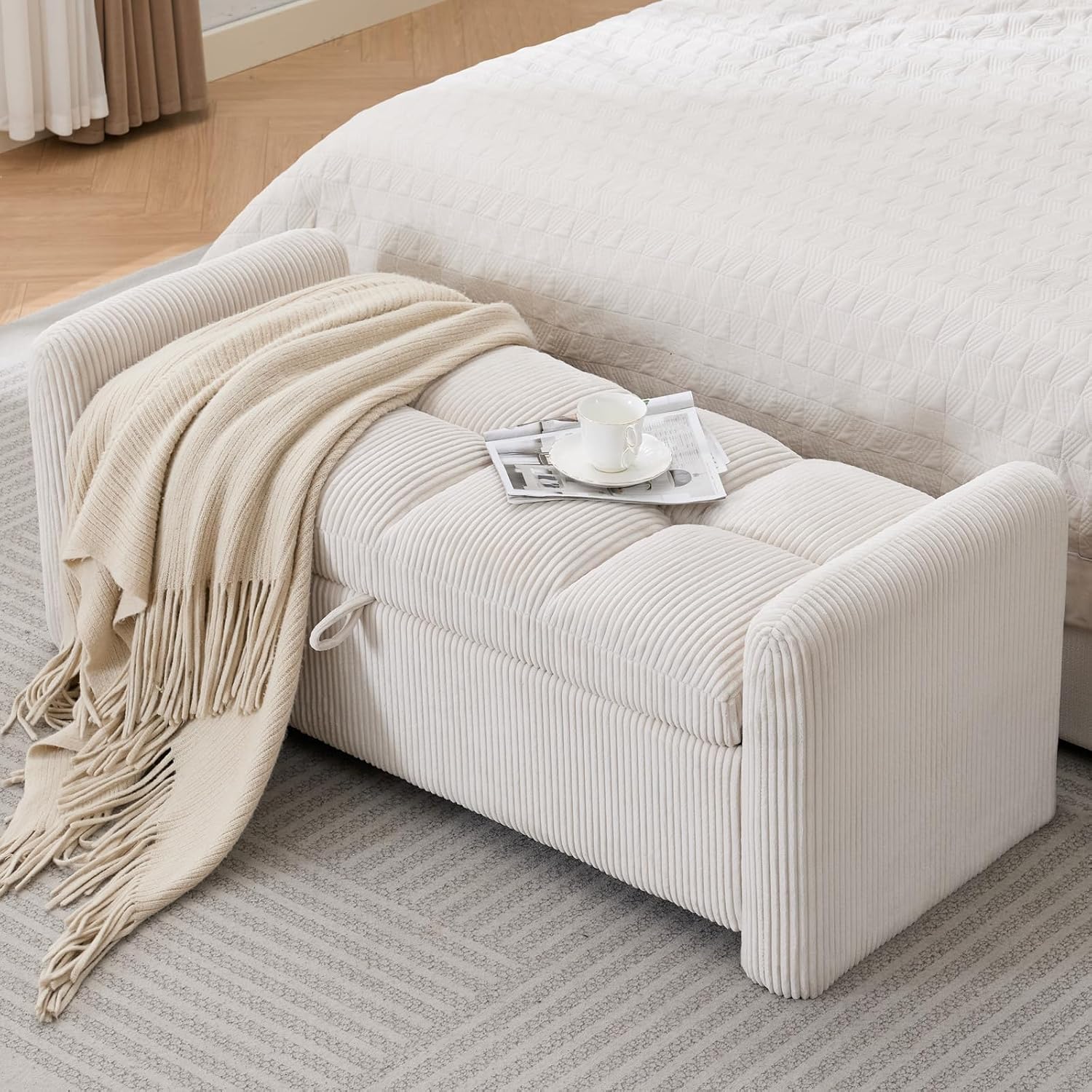 Storage Bench for Bedroom End of Bed, Upholstered Storage Ottoman Bench with Pillows for Foot of Bed, Bedroom,Living Room, Entryway, Corduroy White