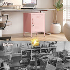 Lockable Metal Nightstand with Door, Industrial Storage Locker End Table, Small Bedside Table for Bedroom Living Room Dorm, Pink