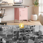 Lockable Metal Nightstand with Door, Industrial Storage Locker End Table, Small Bedside Table for Bedroom Living Room Dorm, Pink