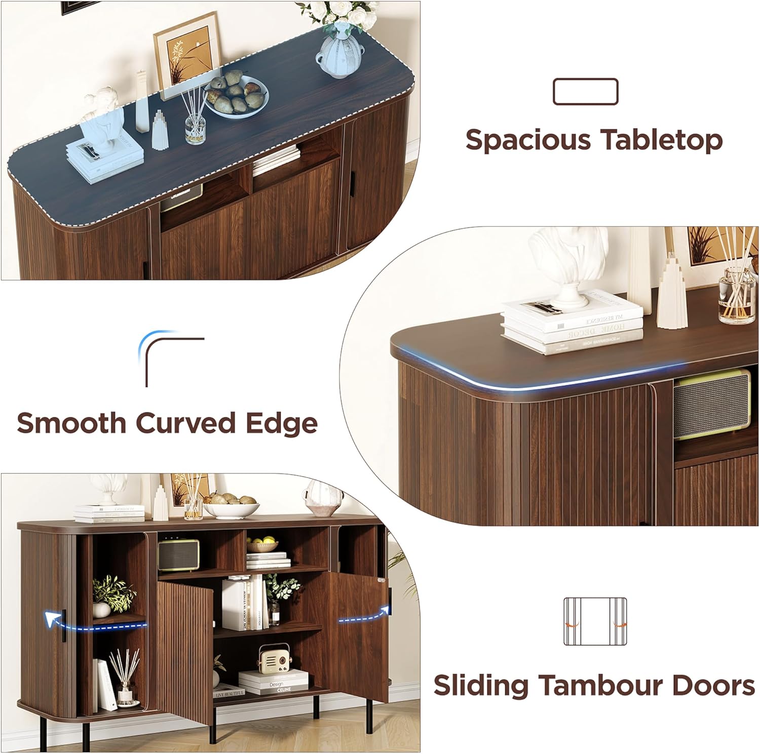 55'' Fluted Cabinet with Storage, Walnut Buffet Cabinet Sideboard with Sliding Door & Adjustable Shelves, Mid Century Coffee Bar, Curved Edge Design Storage Cabinet for Kitchen, Living Room, Entry