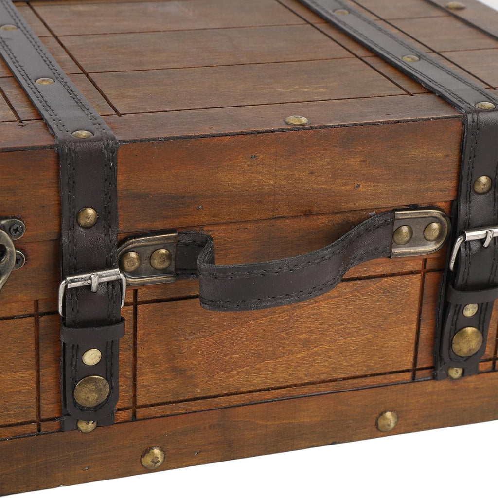 Sonew Vintage Distressed Wooden Storage Trunk with Textured Leather Handle for Multipurpose Use - Portable Antique Style Wood Chest for Clothes, Toys, and Photo Props (Large)