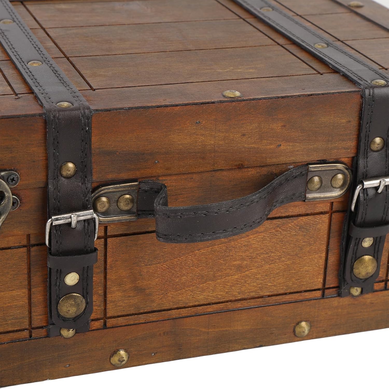 Sonew Vintage Distressed Wooden Storage Trunk with Textured Leather Handle for Multipurpose Use - Portable Antique Style Wood Chest for Clothes, Toys, and Photo Props (Large)