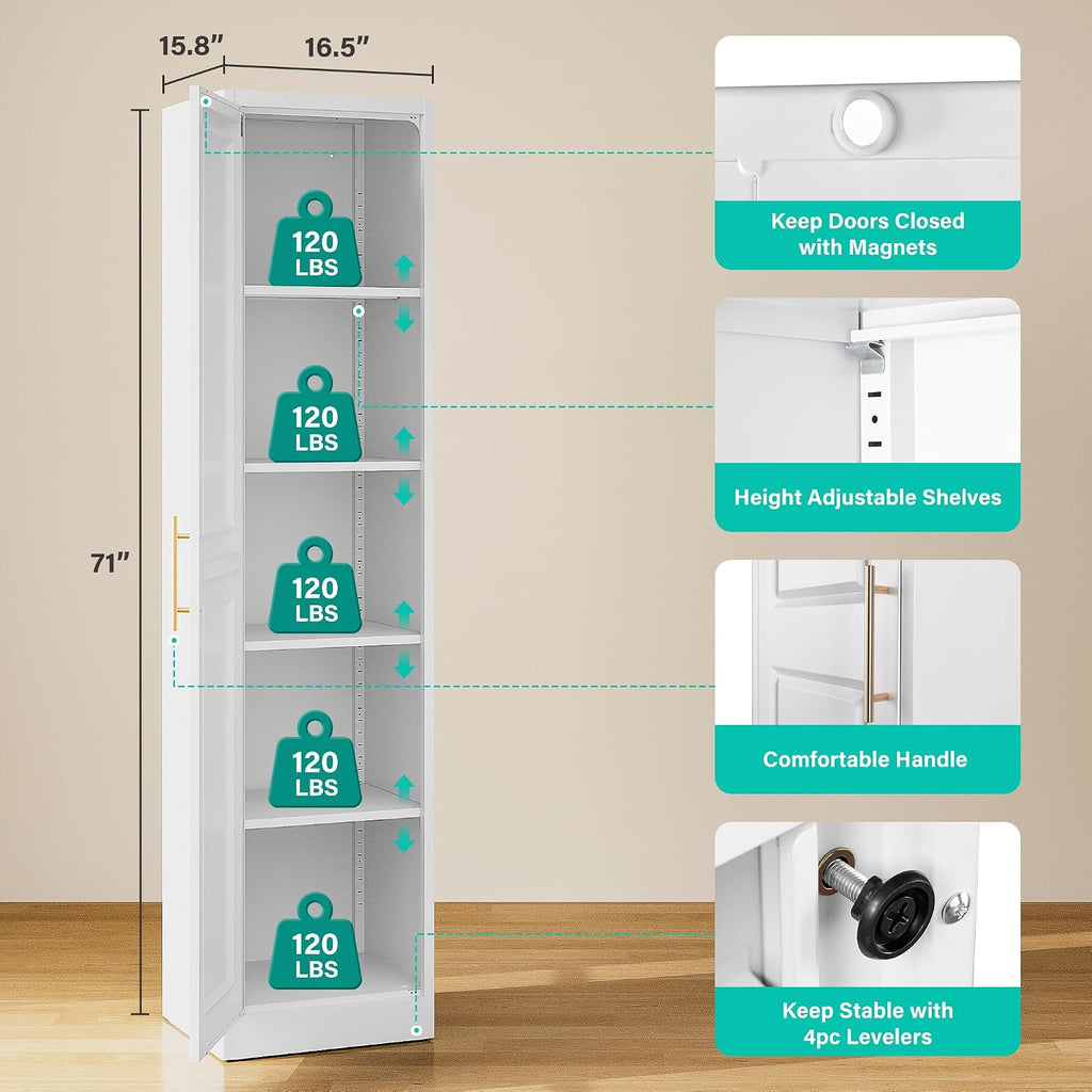 SISESOL 71" Tall Narrow Storage Cabinet with 1 Door and 5 Shelves,Slim Kitchen Pantry Cabinet,White Metal Bathroom Cabinets,Large Cupboard for Home,Kitchen,Laundry,Bathroom