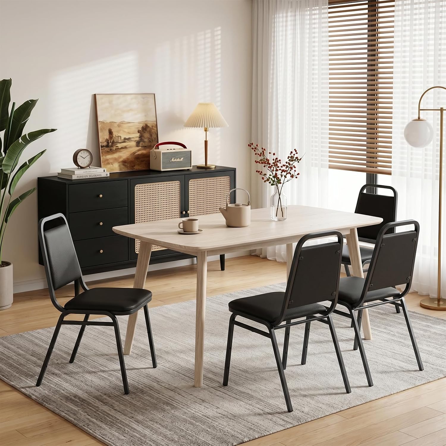 Stacking Chairs Set of 4,Stackable Office Chairs with Faux Leather Upholstered Seat,Heavy Duty Metal Frame Guest Chairs, No Assembly Conference Chairs for Meeting,Training & Reception Room, Black