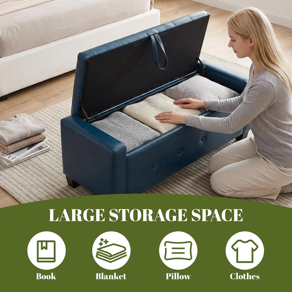 48" PU Leather Storage Ottoman Benches for Bedroom,Tufted Ottomans with Storage for Living Room,Mid Century Modern Bench with Seating for Entryway,Window,Bedside (PU Blue, 48 inch)