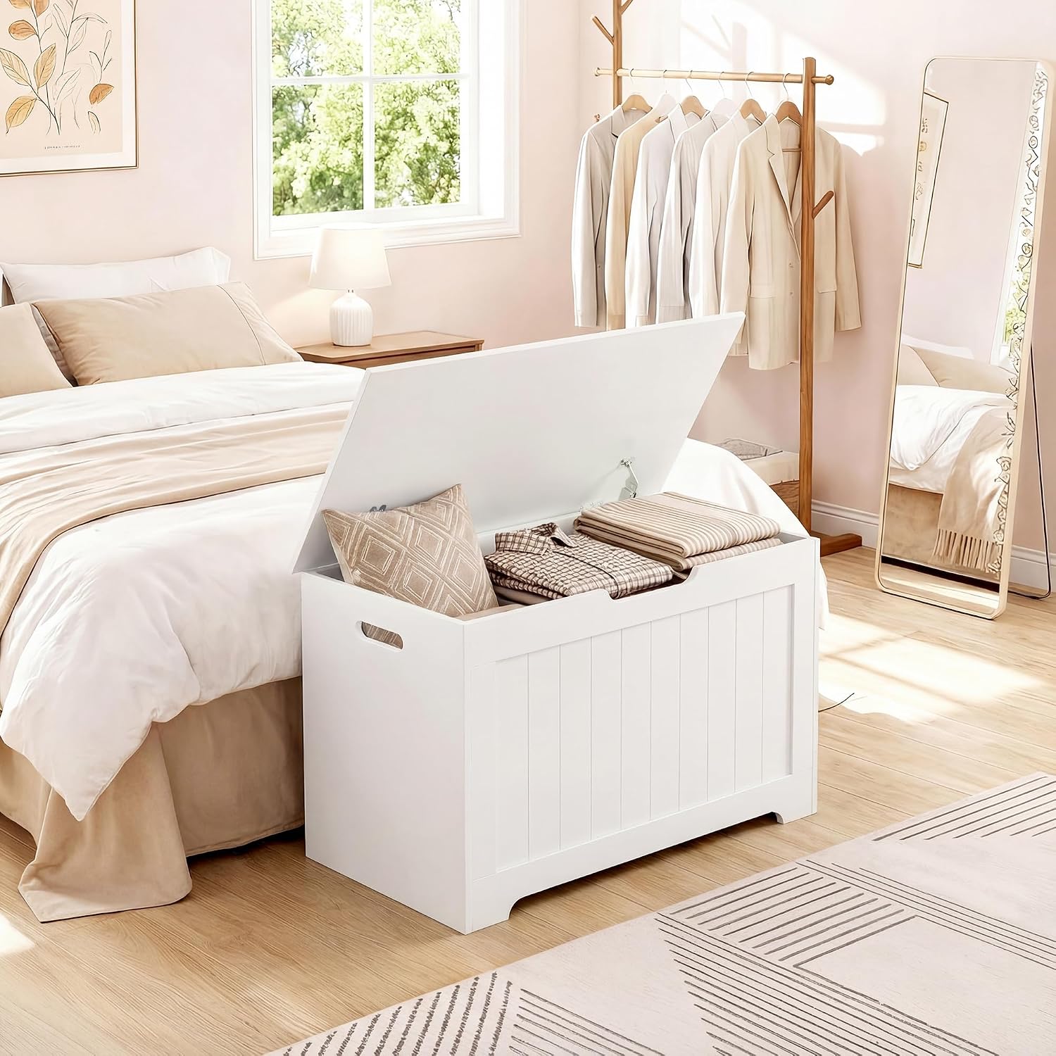 Storage Chest with Flip-top Lid, Large Wood Trunk Bench with Safety Hinge, Bedroom Living Room Clothes Blanket Organizer Bin with 100L Storage Area, White