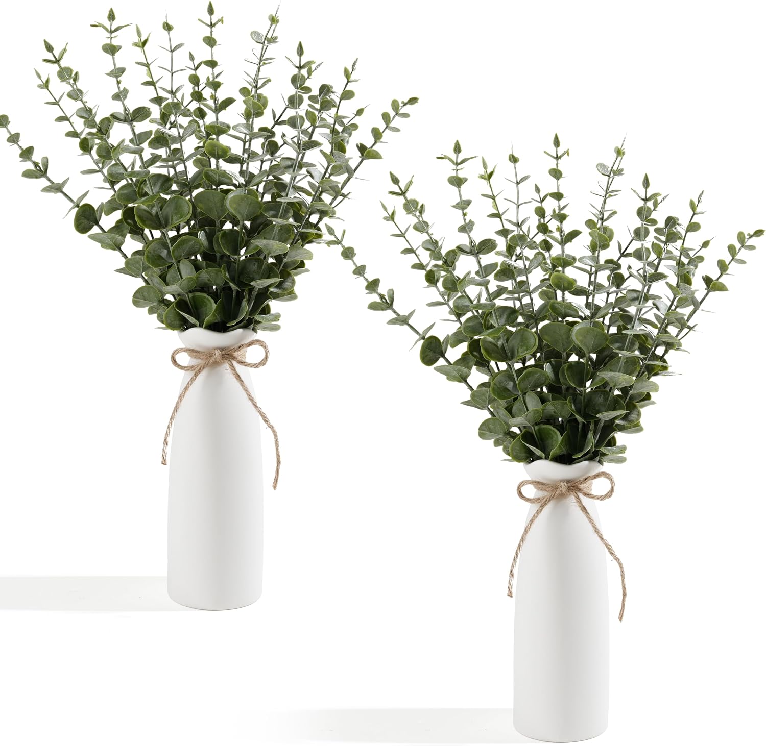 19" Fake Plants with Vase,40 Faux Eucalyptus Stems 2 White Ceramic Vases Realistic Artificial Plants indoor Artificial Greenery Stems in Vases for Centerpieces Bathroom Bedroom Modern Farmhouse Decor
