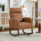 Nursery Rocking Chair with High Backrest and Side Pocket, Glider Accent Armchair with Rubber Wood Legs for Living Room, Bedroom, or Nursery, PU Vintage Brown