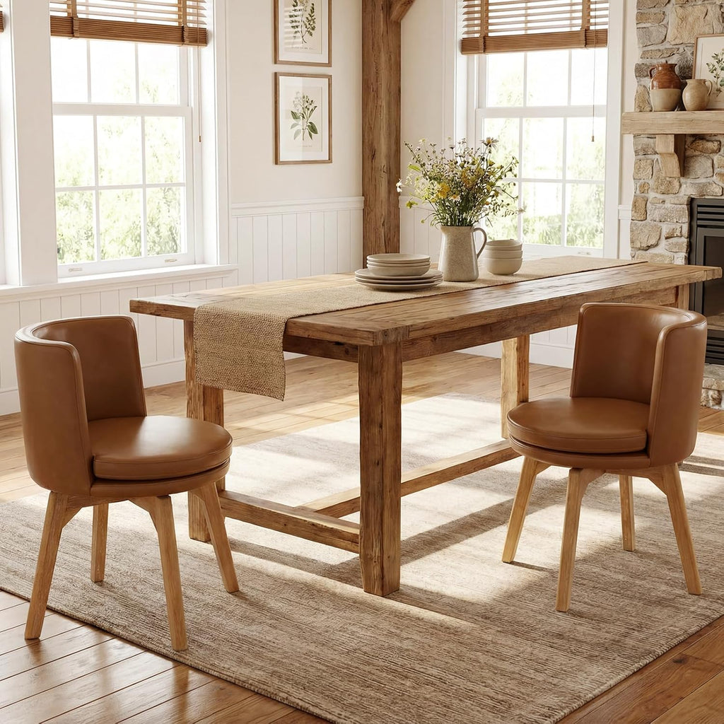 Swivel Dining Chairs Set of 2, 360° Rotating Kitchen Chairs with Solid Rubber Wood Legs, Upholstered Barrel Back Dining Room Seating for Modern Home/Kitchen - Bronw PU