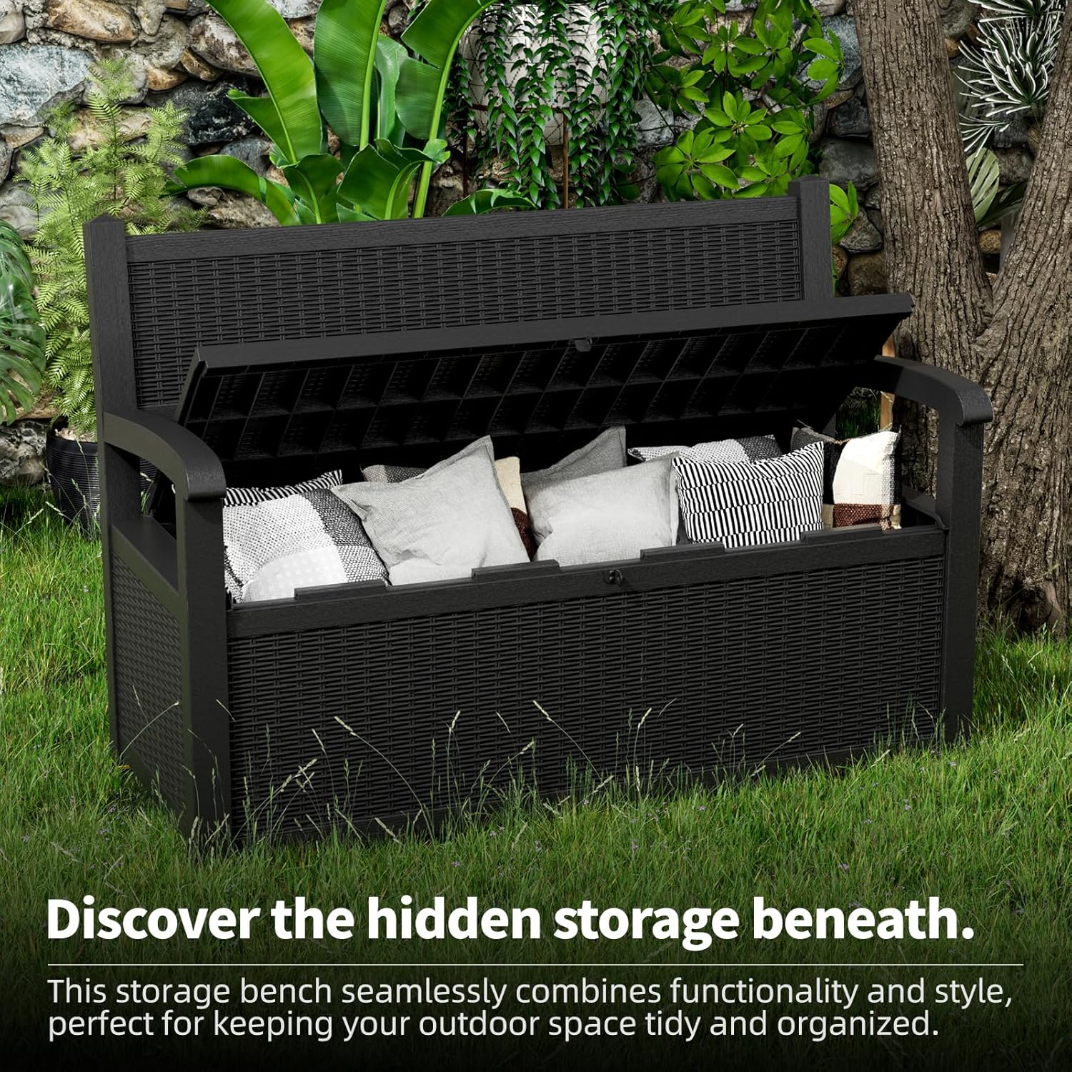 EFU Outdoor Storage Bench, Outdoor Bench with Storage, 80 Gallon Heavy-Duty&Waterproof Lockable Storage Bench Outdoor for Patio, Garden, Porch (Black)