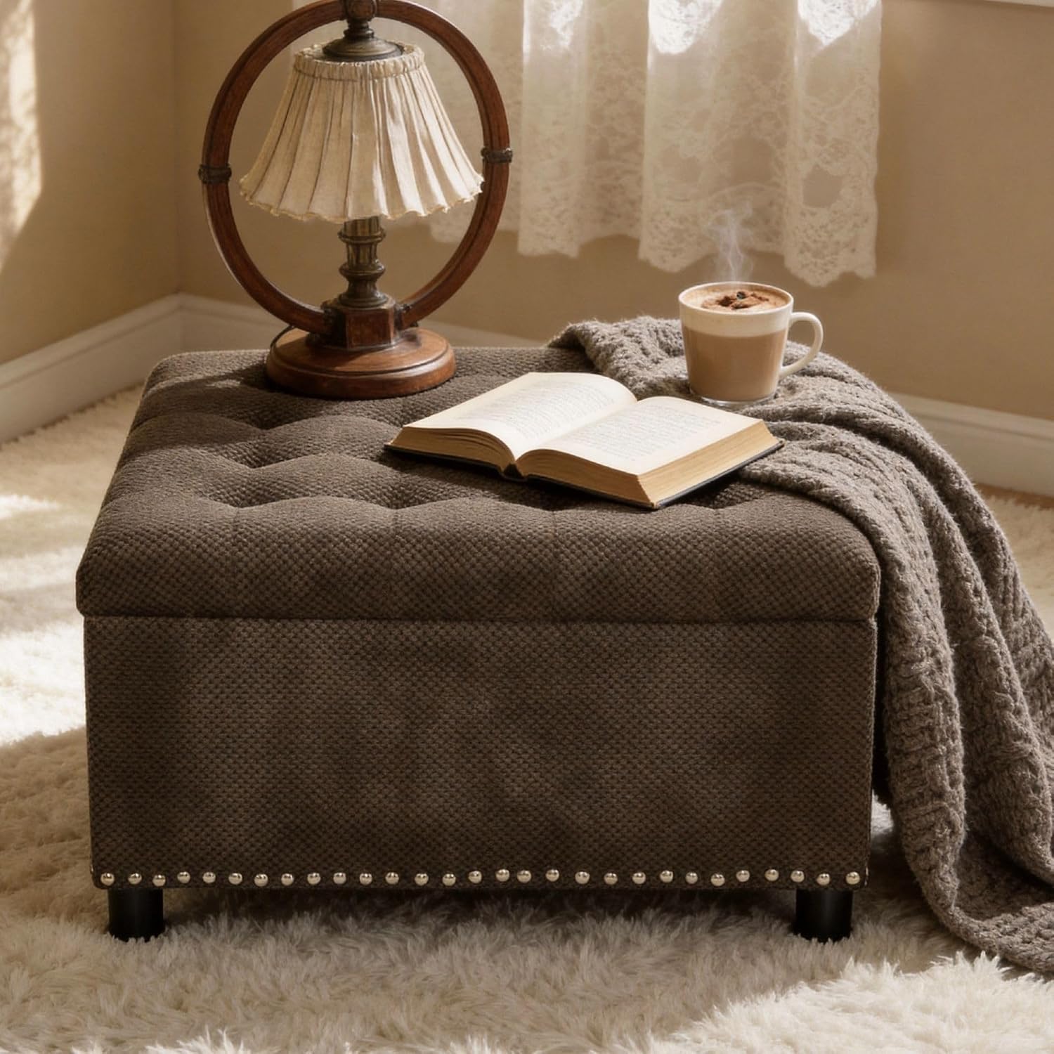 Square Ottoman with Storage, 30" Large Storage Ottoman Foot Rest Stool with Tufted Top and Nailhead Trim for Living Room, Bedroom, Entryway, Coffee Brown
