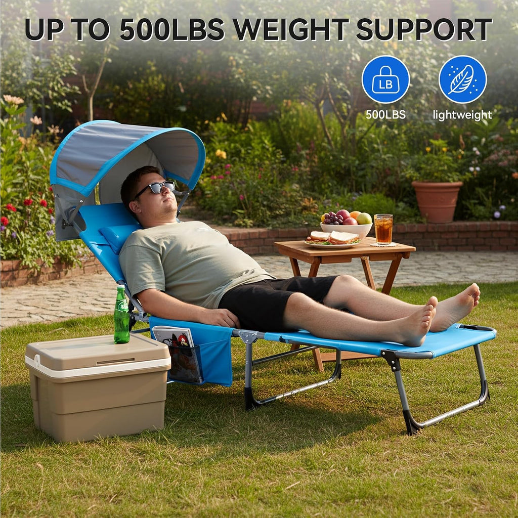 27 Inch Oversized Folding Tanning Chair with Canopy & Face Hole, Portable Face Down Lounge Chair with Pillow, 3-Position Adjustable Patio Chaise for Beach, Pool, Lawn Blue 1