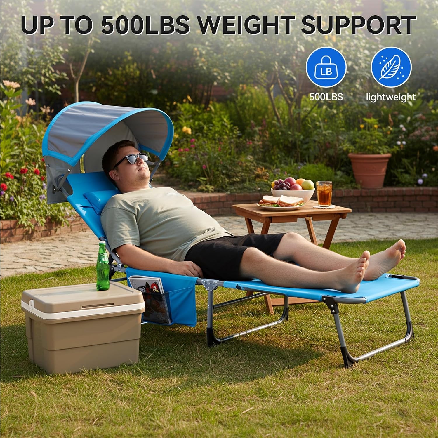 27 Inch Oversized Folding Tanning Chair with Canopy & Face Hole, Portable Face Down Lounge Chair with Pillow, 3-Position Adjustable Patio Chaise for Beach, Pool, Lawn Blue 1