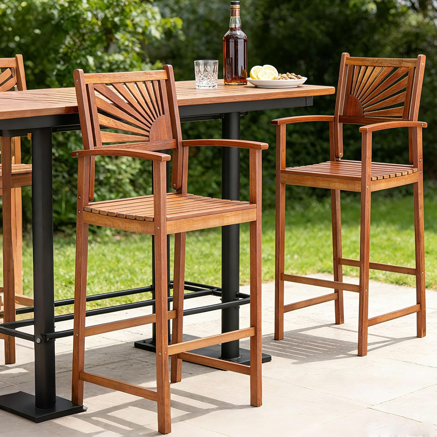 COSTWAY Outdoor Bar Chairs Set of 2, 29'' Tall Acacia Wood Barstools with Back Support, Armrest and Footrest, Patio High Top Chairs for Backyard, Poolside, Deck, Garden