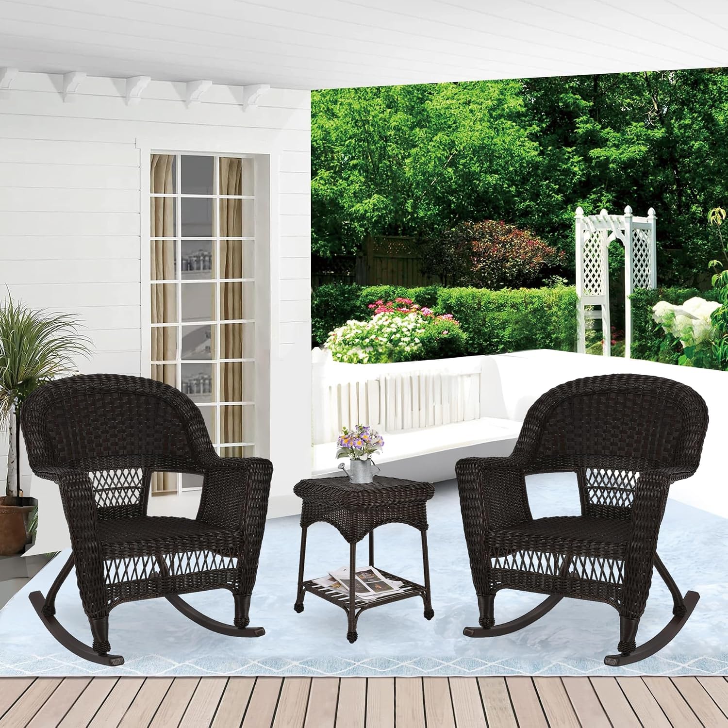Jeco 3 Piece Rocker Wicker Chair Set, Espresso