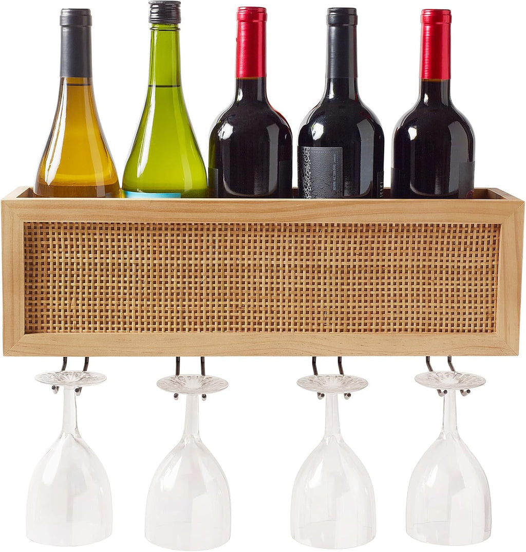 Autumn Alley Wall Mounted Wine Rack - Wine Glass Holder with Natural Rattan Caning - Boho Wine Bottle Holder Hanging for Home, Kitchen, Dining Room,Bar, Wood and Rattan Wall Decor