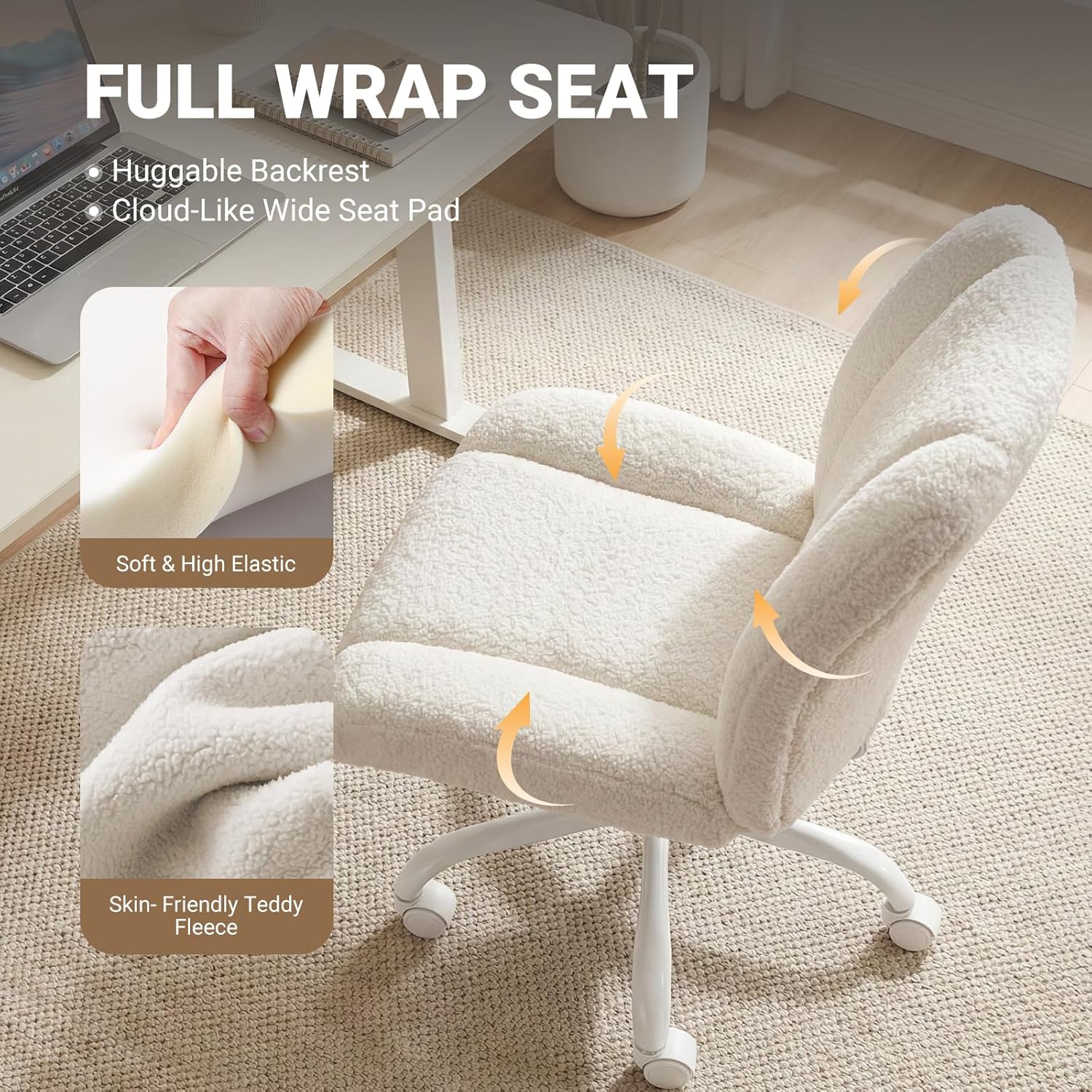 Vanity Chair with Wheels, Armless Office Chair Height Adjustable, Cute Desk Chair with Soft Lumbar Support for Small Space, Bedroom, Make-up Room, White