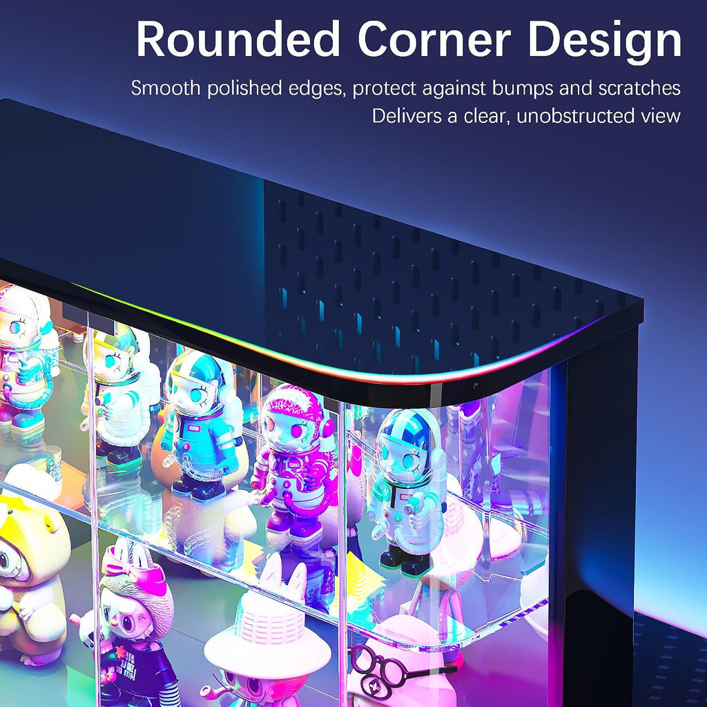 Lvifur Rounded Glass Display Case - for Figures & Collectibles, 2-Tier Curio Display Cabinet with RGB Lights, Small Lighted Display Box with Glass Door, Glass Shelf, Mirror Back, Black