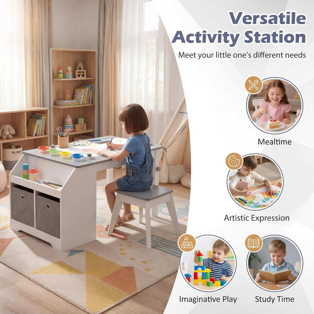 GLACER Kids Art Table and Chairs, Wooden Toddler Craft Table with Paper Roll & 4 Paint Cups, Activity Desk with Storage Shelves and 2 Fabric Bins, Art Station for Playroom, Nursery