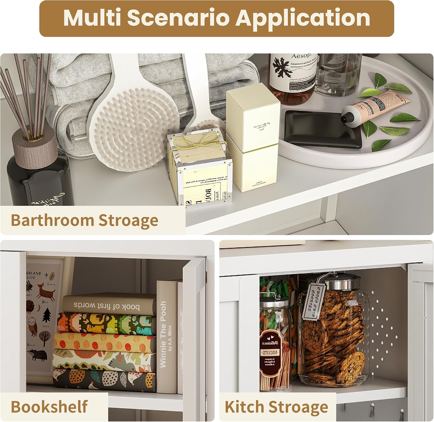 Kitchen Pantry Storage Cabinet, 34" H Storage Cabinet with Doors and Adjustable Shelves, Small Cupboard with Round Handles, Metal Kitchen Cabinet for Dining Room, Living Room, White