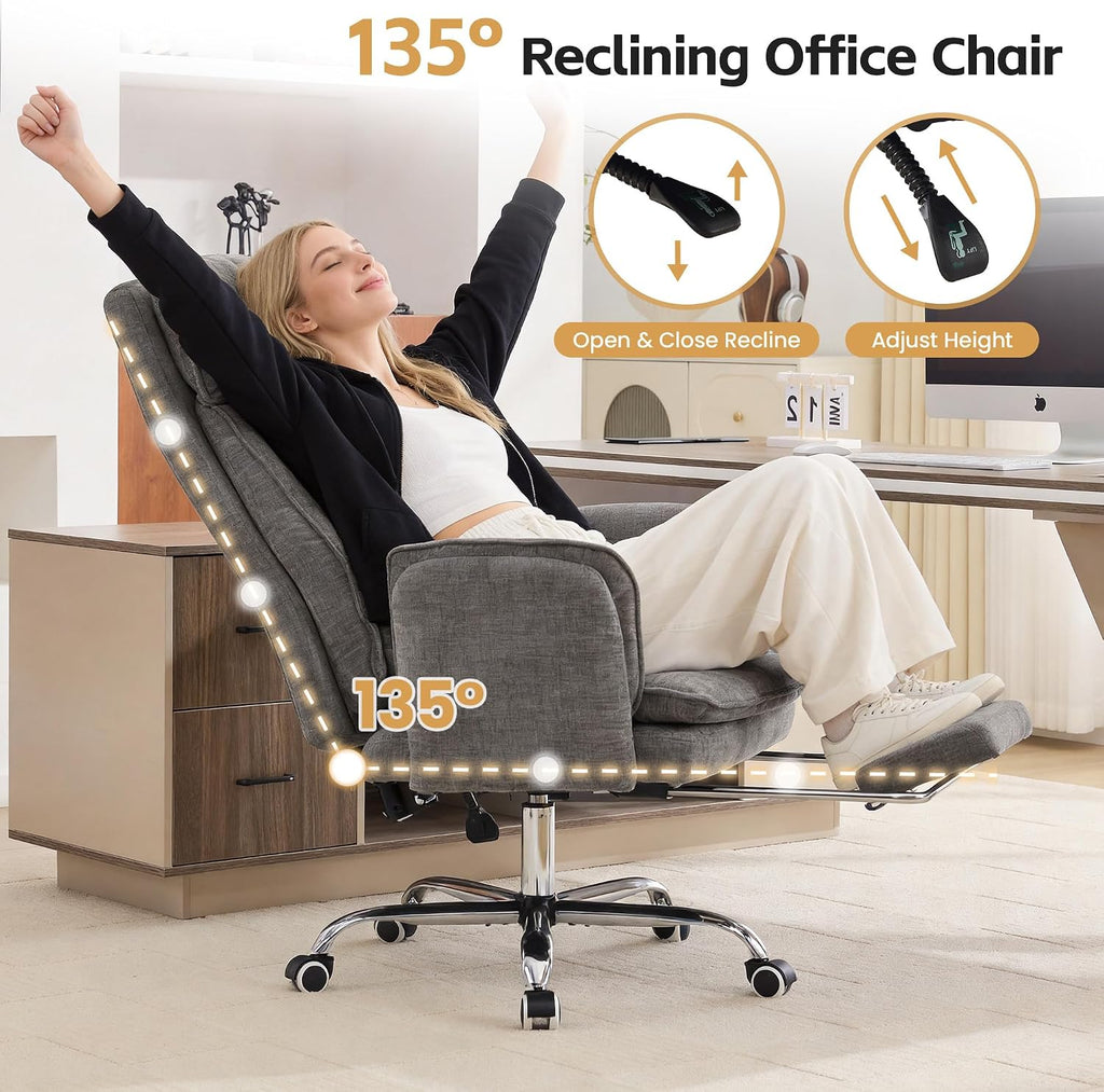Big and Tall Office Chair, Cloud Reclining Office Chair with Footrest & Flip Armrest for Pets, Executive Ergonomic Criss Cross Desk Chair, Swivel Gaming Chair with Lumber Pillow, Chenille Light Grey