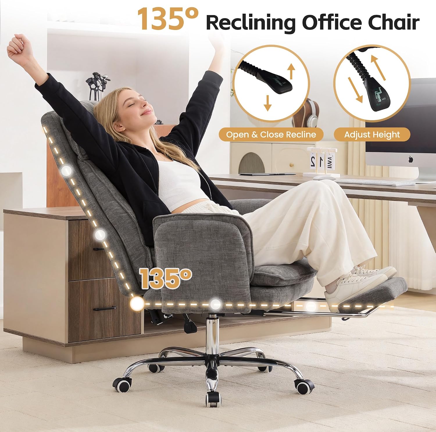 Big and Tall Office Chair, Cloud Reclining Office Chair with Footrest & Flip Armrest for Pets, Executive Ergonomic Criss Cross Desk Chair, Swivel Gaming Chair with Lumber Pillow, Chenille Light Grey