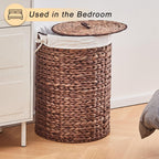 Round Water Hyacinth Laundry Hamper with Lid Handwoven Wicker Basket with Handles for Dirty Clothes, Storage, and Organization Ideal for Bedroom, Bathroom, and Laundry Room, No Assembly Required, 90L