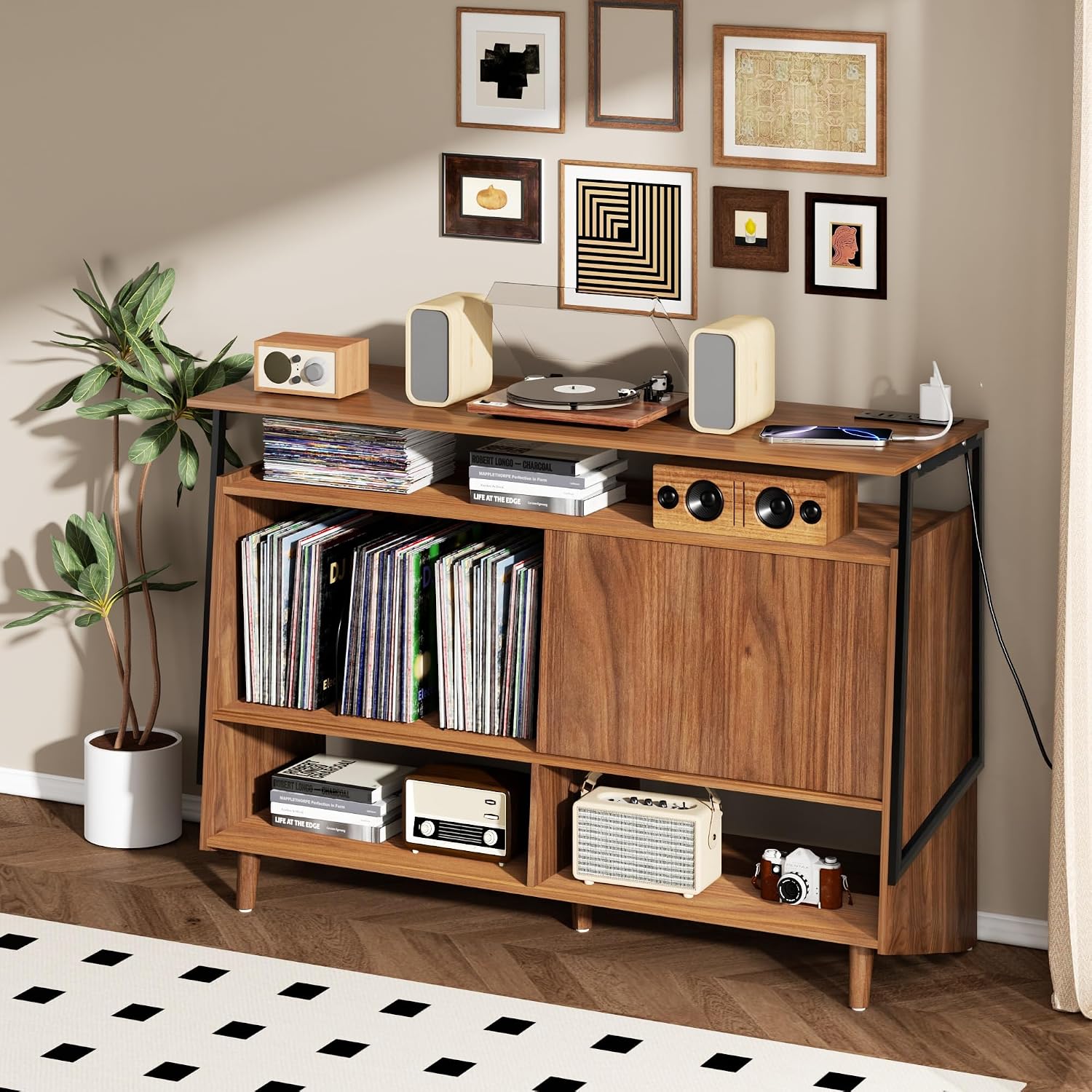 Large Record Player Stand with Charging Station, Vinyl Record Stand with Storage Holds Up to 150 Albums, Record Player Table Cabinet Turntable Stand for Living Room, Bedroom (Walnut)